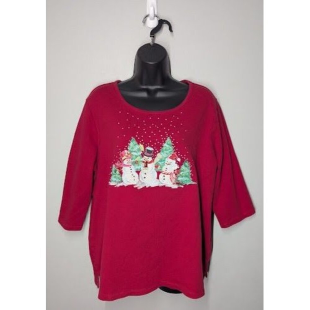 Quacker Factory Christmas Top Snowman Embellished Red Holiday 2X 3/4 sleeve